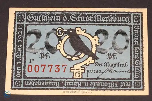 Notgeld Merseburg , 20 Pfennig Schein , Mehl Grabowski 884.2 , von 1921 , Sachsen Anhalt Seriennotgeld