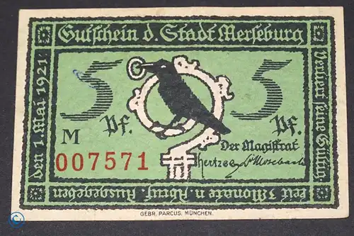 Notgeld Merseburg , 5 Pfennig Schein , Mehl Grabowski 884.2 , von 1921 , Sachsen Anhalt Seriennotgeld