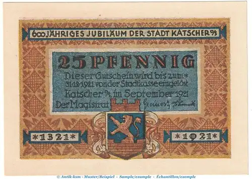 Notgeld Katscher , 25 Pfennig Schein , Mehl Grabowski 680.1 , von 1921 , Oberschlesien Seriennotgeld