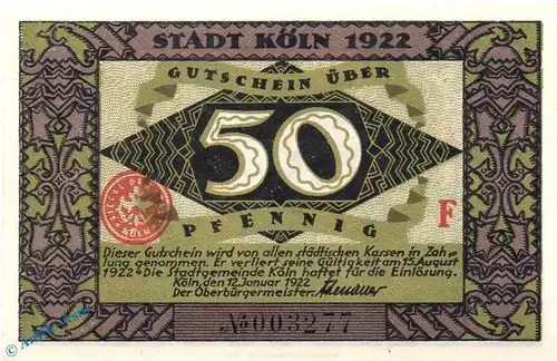 Notgeld Köln , 50 Pfennig Schein F in kfr. Mehl Grabowski 717.2 , von 1922 , Westfalen Seriennotgeld