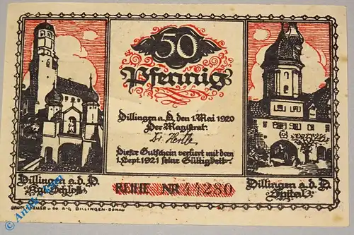 Notgeld Dillingen , 50 Pfennig Schein schwarz rot , Mehl Grabowski 274.3 a , von 1920 , Bayern Seriennotgeld