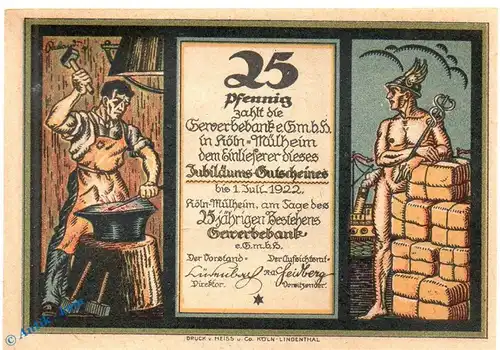 Notgeld Köln Mühlheim , 25 Pfennig Schein in kfr. Mehl Grabowski 720.1 , Westfalen Seriennotgeld