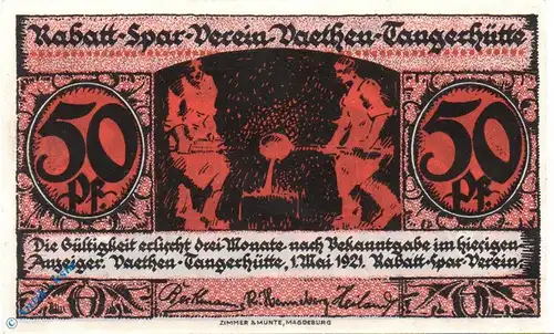 Notgeld Vaethen Tangerhütte , 50 Pfennig Schein Mai  , Mehl Grabowski 1357.1 , von 1921 , Sachsen Anhalt Seriennotgeld