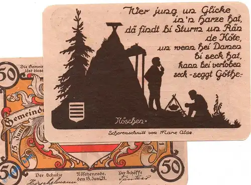 Notgeld Nöschenrode gelb , 50 Pfennig Schein NÖSCHEN , Mehl Grabowski 980.8 , von 1921 , Sachsen Anhalt Seriennotgeld