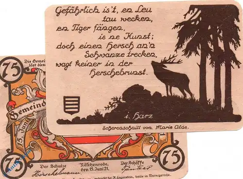Notgeld Nöschenrode , gelb , 75 Pfennig Schein Nr 2 in kfr. Mehl Grabowski 980.8 , von 1921 , Sachsen Anhalt Seriennotgeld