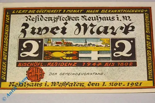 Notgeld Neuhaus , 2 Mark Schein , Druckfehler , Mehl Grabowski 945.1 , von 1921 , Westfalen Seriennotgeld