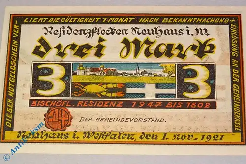 Notgeld Neuhaus , 3 Mark Schein , Druckfehler , Mehl Grabowski 945.1 , von 1921 , Westfalen Seriennotgeld