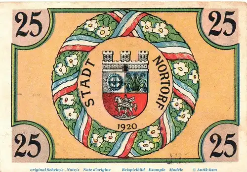 Nortorf , Notgeld 25 Pfennig Schein in kfr. M-G 989.1 , Schleswig Holstein 1920 Seriennotgeld