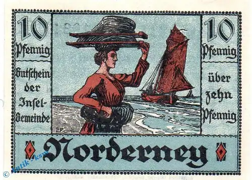 Notgeld Norderney , 10 Pfennig Schein in kfr. Serie 3 , Mehl Grabowski 984.2 , von 1921 , Niedersachsen Seriennotgeld