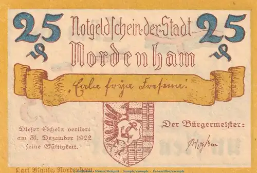 Notgeld Stadt Nordenham 982.1.d , 25 Pfennig Schein Nr.1 -20 mm- in kfr. o.D. Niedersachsen Seriennotgeld