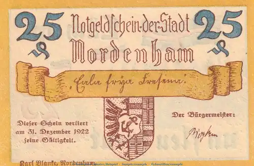 Notgeld Stadt Nordenham 982.1.b , 25 Pfennig -16mm- Nr.1 in kfr. o.D. Niedersachsen Seriennotgeld