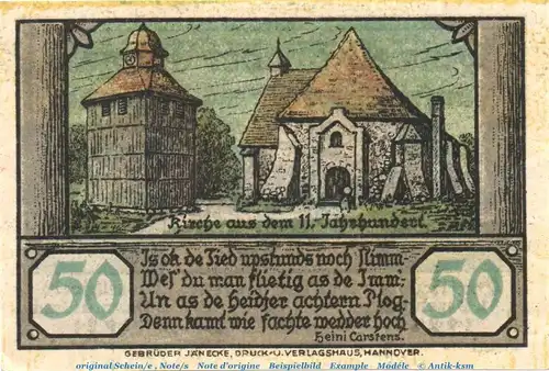 Notgeld Flecken Visselhövede 1363.2.a , 50 Pfennig Nr 2 mit Kn in kfr. von 1921 , Niedersachsen Seriennotgeld