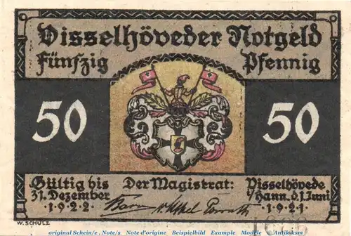 Notgeld Flecken Visselhövede 1363.2.a , 50 Pfennig Nr 2 mit Kn in kfr. von 1921 , Niedersachsen Seriennotgeld