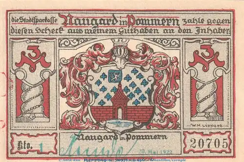Notgeld Sparkasse Naugard 923.1.a , 3 Mark Schein -grün gest- in kfr. von 1922 , Pommern Seriennotgeld