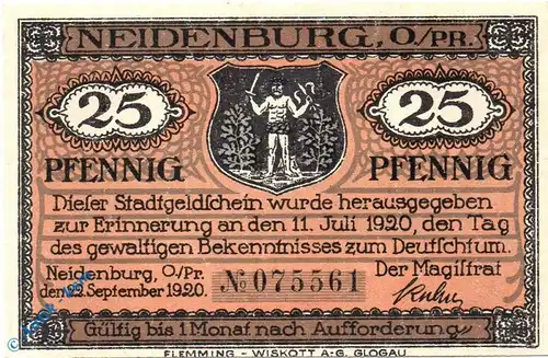 Notgeld Neidenburg , 25 Pfennig Schein , Kn schwarz , Mehl Grabowski 932.2 , von 1920 , Ostpreussen Seriennotgeld