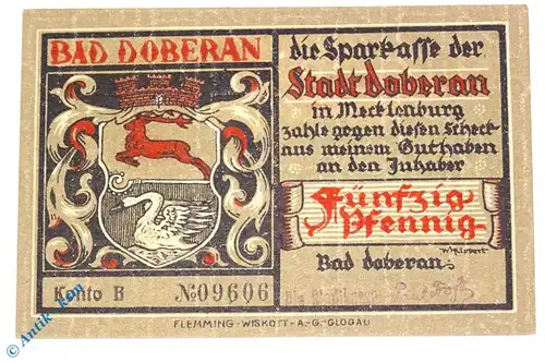 Notgeld Doberan , 50 Pfennig Schein , Mehl Grabowski 276.4 a , Mecklenburg Vorpommern Serien Notgeld