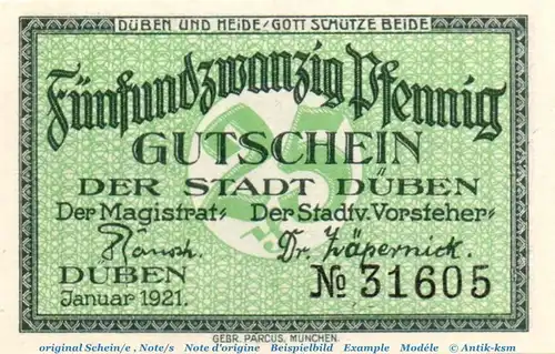 Notgeld Stadt Bad Düben 293.1 , 25 Pfennig Schein Nr 2 in kfr. von 1921 , Sachsen Seriennotgeld