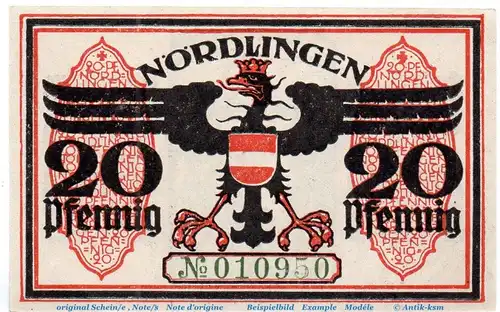 Notgeld Stadt  Nördlingen 978.1.d , 20 Pfennig Schein Nr 4 in kfr. von 1918 , Bayern Seriennotgeld