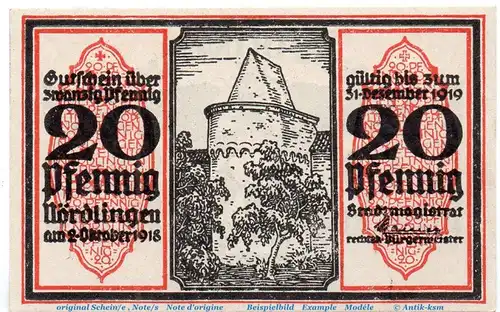 Notgeld Stadt  Nördlingen 978.1.d , 20 Pfennig Schein Nr 4 in kfr. von 1918 , Bayern Seriennotgeld