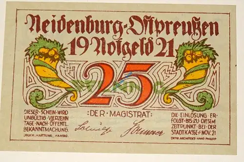 Notgeld Neidenburg , Einzelschein über 25 Pfennig braun - schwarz , Mehl Grabowski 932.4 , Ostpreussen Serien Notgeld