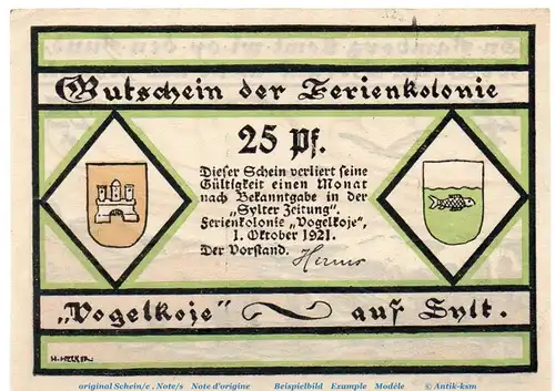 Notgeld Vogelkoje Kampen auf Sylt , 25 Pfennig Schein in kfr. von 1921 , Schleswig Holstein Seriennotgeld
