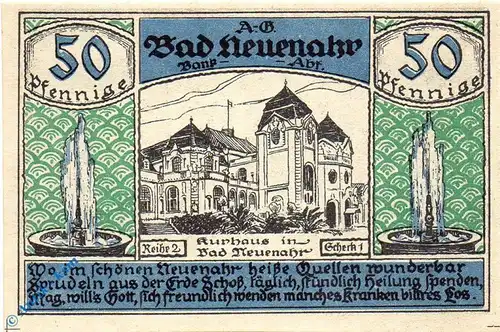 Notgeld Bad Neuenahr , 50 Pfennig Schein , Reihe 2 Scheck 1 , Mehl Grabowski 938.2 , von 1922 , Rheinland Seriennotgeld