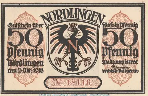 Notgeld Stadt Nördlingen 978.3 , 50 Pfennig -gelbbraun- Nr.3 in kfr. von 1918 , Bayern Seriennotgeld