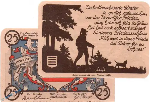 Notgeld Nöschenrode , 25 Pfennig Schein Nr 1 in kfr. blau , Mehl Grabowski 980.9 , von 1921 , Sachsen Anhalt Seriennotgeld