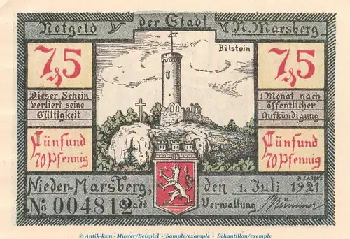 Notgeld Nieder Marsberg 971.2 , 75 Pfennig Schein in kfr. von 1921 , Westfalen Seriennotgeld