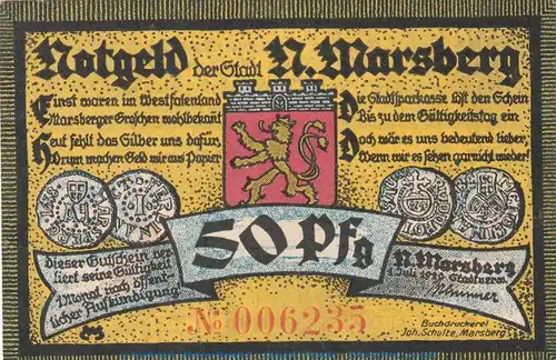 Notgeld Nieder Marsberg 971.1 , 50 Pfennig Schein in kfr. von 1920 , Westfalen Seriennotgeld