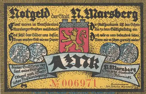 Notgeld Stadt Nieder Marsberg 971.1 , 1 Mark Schein in kfr. von 1920 , Westfalen Seriennotgeld
