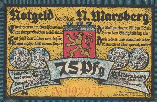 Notgeld Stadt Nieder Marsberg 971.1 , 75 Pfennig Schein in kfr. von 1920 , Westfalen Seriennotgeld