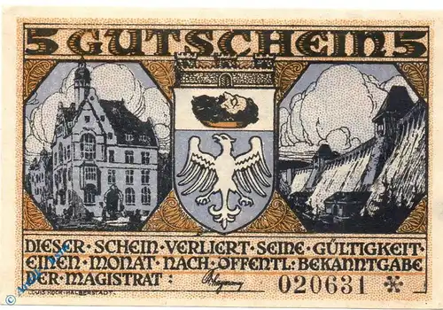 Notgeld Neheim a.d. Ruhr , 5 Mark Schein , Mehl Grabowski 931.1 a , Nordrhein Westfalen Seriennotgeld
