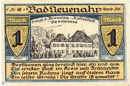 Notgeld Bad Neuenahr , 1 Mark Schein , Reihe 2 Scheck 4 , Mehl Grabowski 938.2 , von 1922 , Rheinland Seriennotgeld