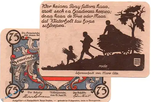 Notgeld Nöschenrode , 75 Pfennig Schein Nr 5 in kfr. blau , Mehl Grabowski 980.9 , von 1921 , Sachsen Anhalt Seriennotgeld