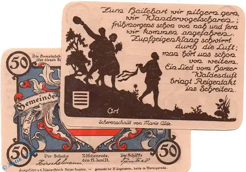 Notgeld Gemeinde Nöschenrode 980.9 , 50 Pfennig Nr 3 in kfr. blau , von 1921 , Sachsen Anhalt Seriennotgeld