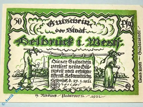 Notgeld Delbrück , 50 Pfennig Schein , Mehl Grabowski 261.1 , von 1921 , Westfalen Seriennotgeld