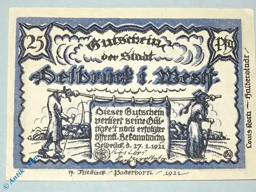 Notgeld Delbrück , 25 Pfennig Schein , Mehl Grabowski 261.1 , von 1921 , Westfalen Seriennotgeld