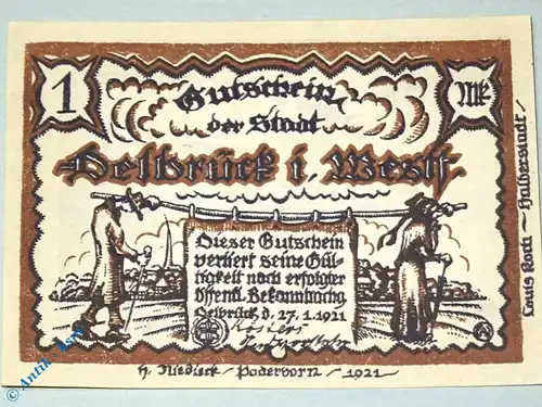 Notgeld Delbrück , 1 Mark Schein , Mehl Grabowski 261.1 , von 1921 , Westfalen Seriennotgeld