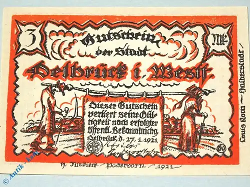 Notgeld Delbrück , 3 Mark Schein , Mehl Grabowski 261.1 , von 1921 , Westfalen Seriennotgeld