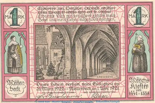 Notgeld Gemeinde Möllenbeck 893.1 , 1 Mark Schein in kfr. von 1921 , Niedersachsen Seriennotgeld