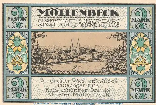Notgeld Gemeinde Möllenbeck 893.1 , 2 Mark Schein in kfr. von 1921 , Niedersachsen Seriennotgeld