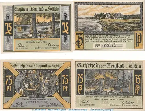 Notgeld Stadt Neustadt 963.1.b , Set mit 4 x 75 Pfennig Scheinen in kfr. o.D. Schleswig Holstein Seriennotgeld