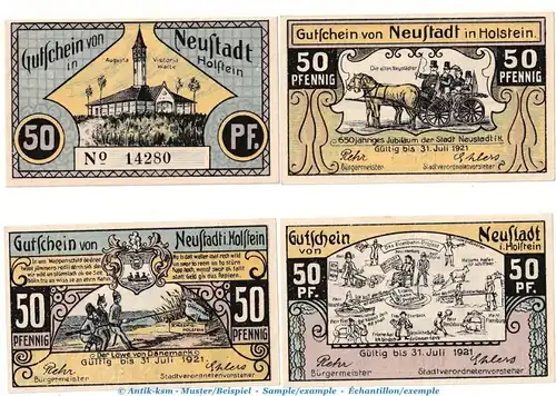 Notgeld Stadt Neustadt 963.2.a , Set mit 4 x 50 Pfennig Scheinen in kfr. o.D. Schleswig Holstein Seriennotgeld