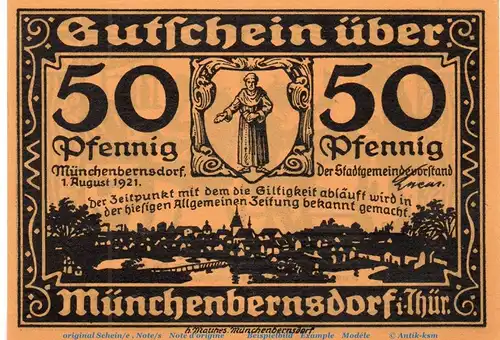 Notgeld Gemeinde Münchenbernsdorf 911.1 , 50 Pfennig Schein Nr 1 in kfr. von 1921 , Thüringen Seriennotgeld