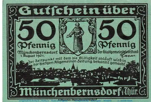 Notgeld Gemeinde Münchenbernsdorf 911.1 , 50 Pfennig Schein Nr 2 in kfr. von 1921 , Thüringen Seriennotgeld