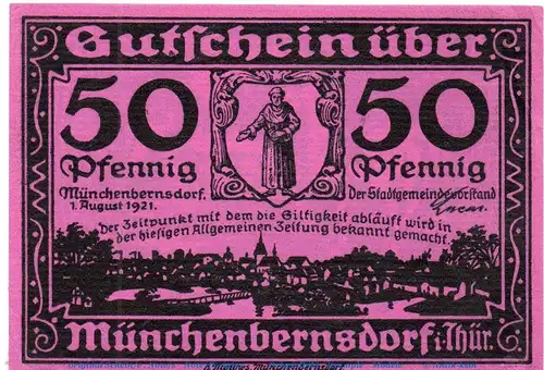 Notgeld Gemeinde Münchenbernsdorf 911.1 , 50 Pfennig Schein Nr 3 in kfr. von 1921 , Thüringen Seriennotgeld