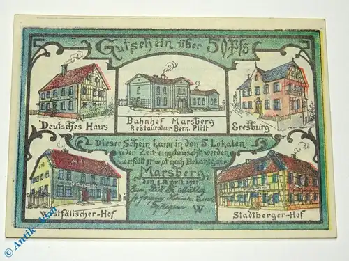 Notgeld Hotel deutsches Haus Marsberg 874.1 , 50 Pfennig Schein -W- in kfr. von 1921 , Westfalen Seriennotgeld