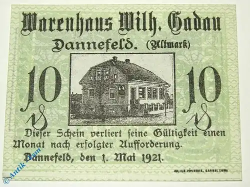 Notgeld Dannefeld , 10 Pfennig Schein , Mehl Grabowski 256.1 , von 1921 , Sachsen Anhalt Serien Notgeld