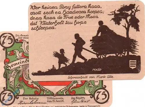 Notgeld Gemeinde Nöschenrode 980.11 , 75 Pfennig grün Nr.2 in kfr. von 1921 , Sachsen Anhalt Seriennotgeld